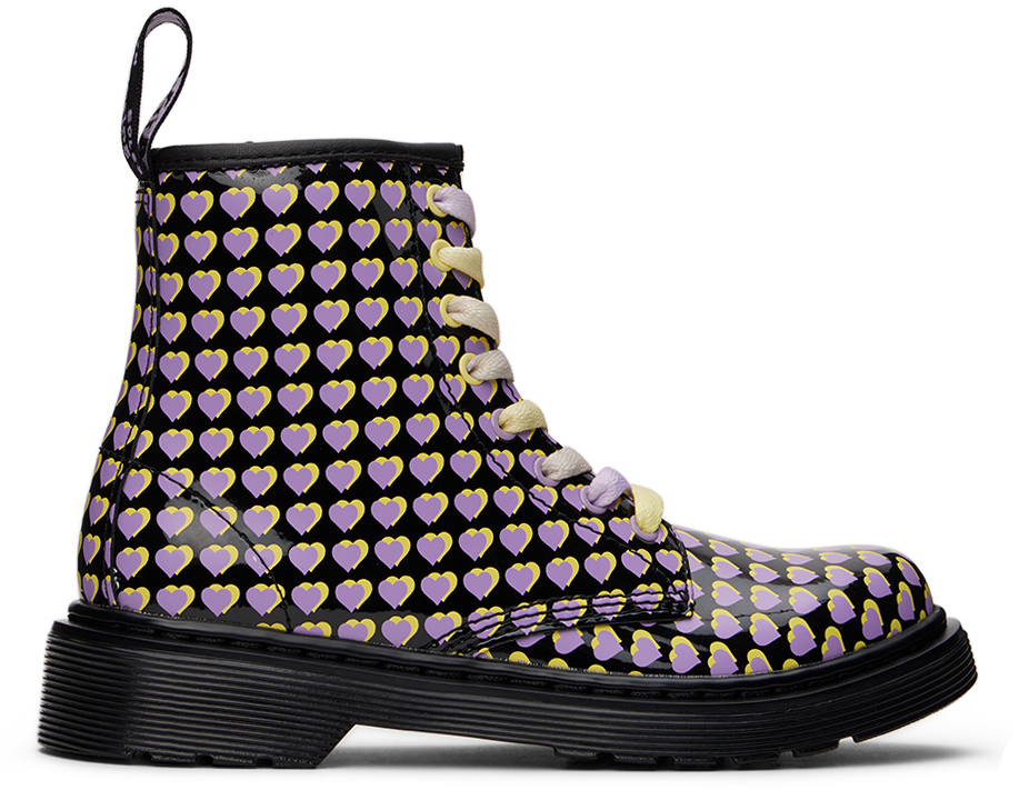 Dr. Martens Kids Black 1460 Heart Printed Big Kids Boots In Hearts Overlay