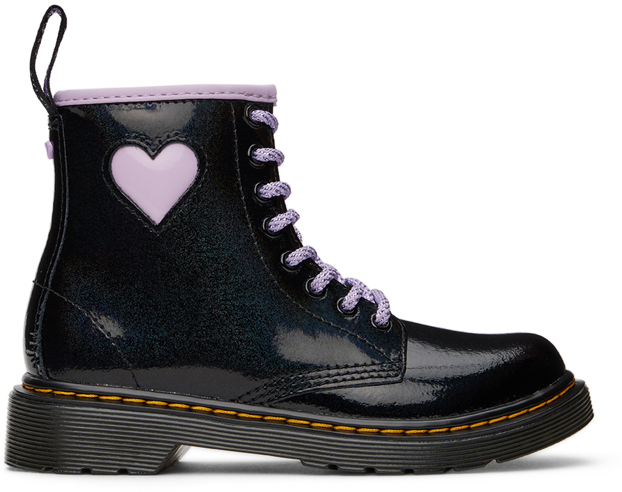 Dr. Martens Youth 1460 Shimmer Heart Lace Up Boots In Black,lilac
