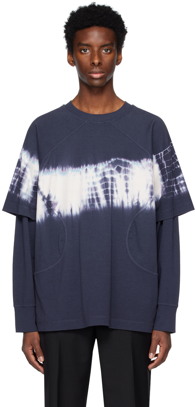 Wynn Hamlyn Grey Wave Long Sleeve T-shirt In Navy Tie Dye
