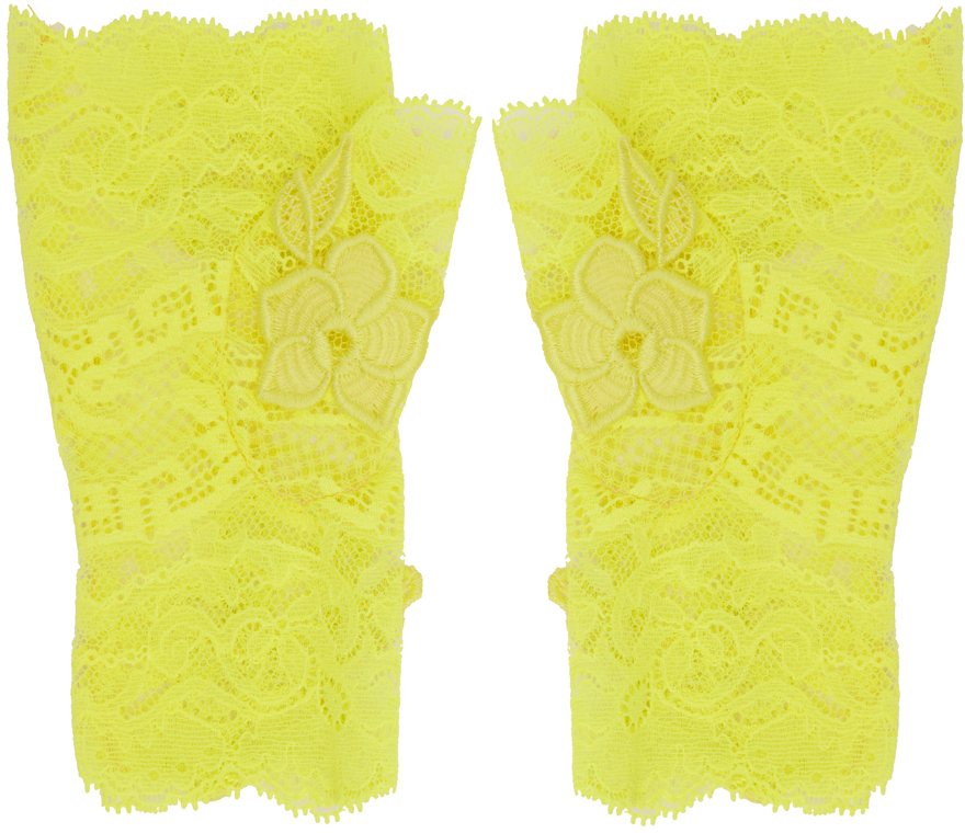 Versace Embroidered-lace Gloves In Gelb