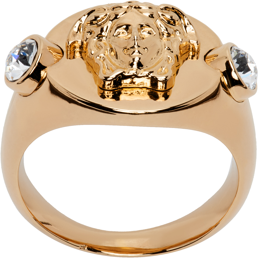 Versace Medusa Head Crystal-embellished Signet Ring In 4j090- Gold-c