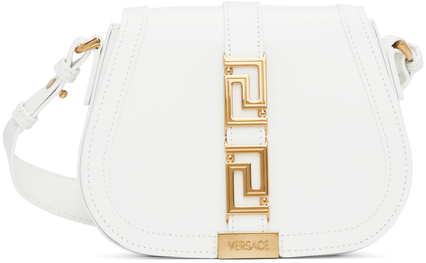 Versace Large Greca Goddess Leather Bag In Bianco E Oro