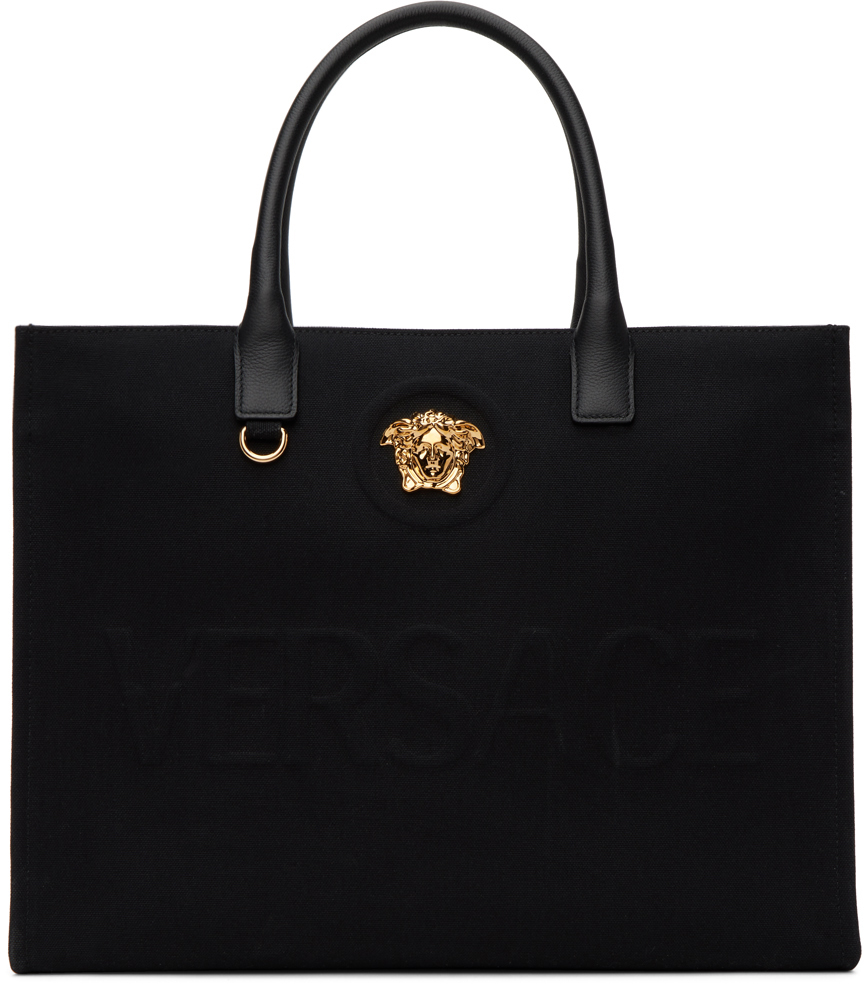 Versace La Medusa Cotton Canvas Tote Bag In Black
