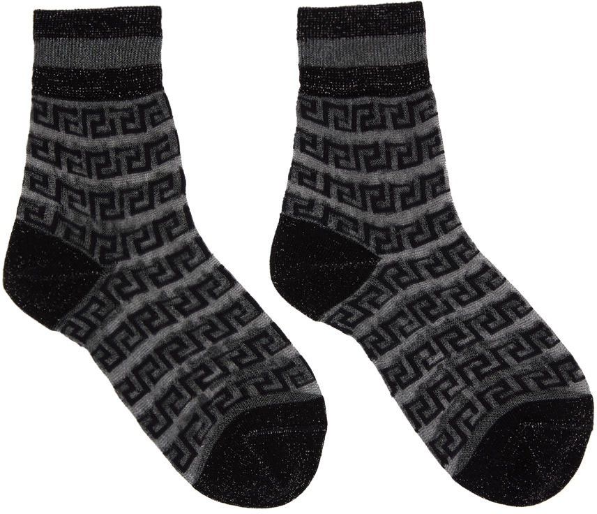 Versace Black Greca Sheer Socks In 2e100 Black