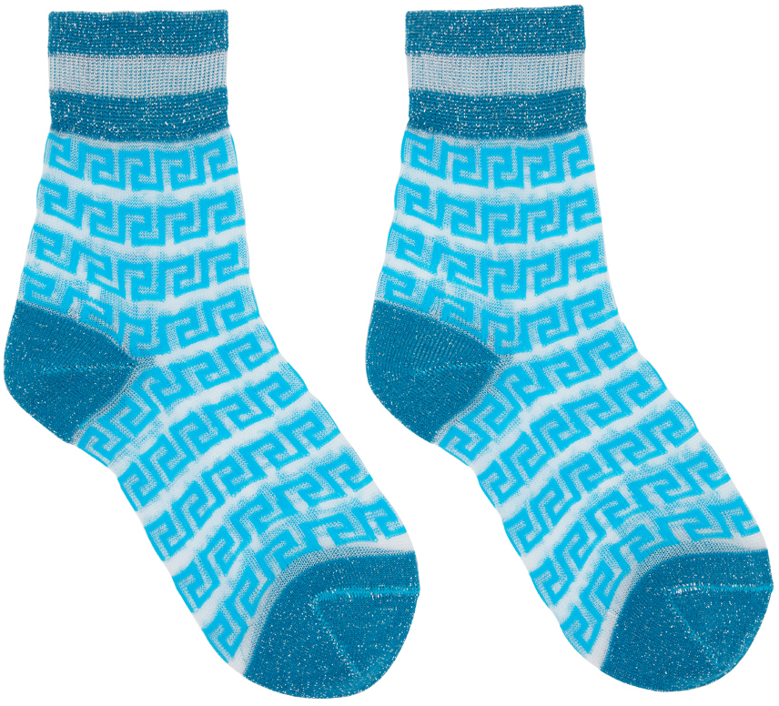Versace Blue Greca Sheer Socks In 2va40 Ice Blue+dylan