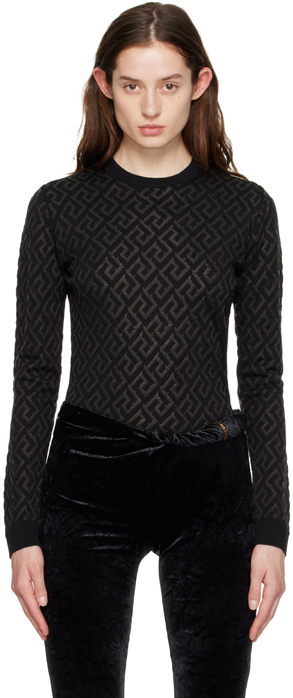 Versace La Greca Intarsia Sweater In 1b000 Black