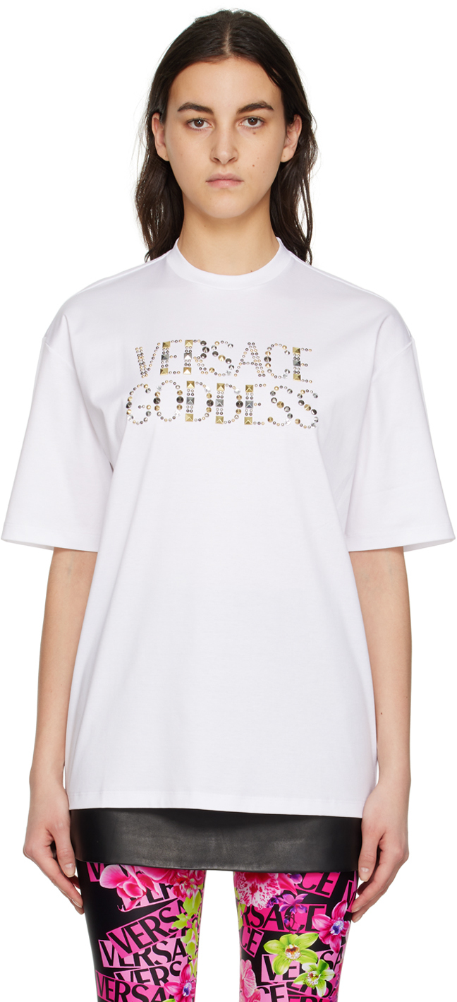 Shop Versace White 'goddess' Studded T-shirt In 1w000 Optical White