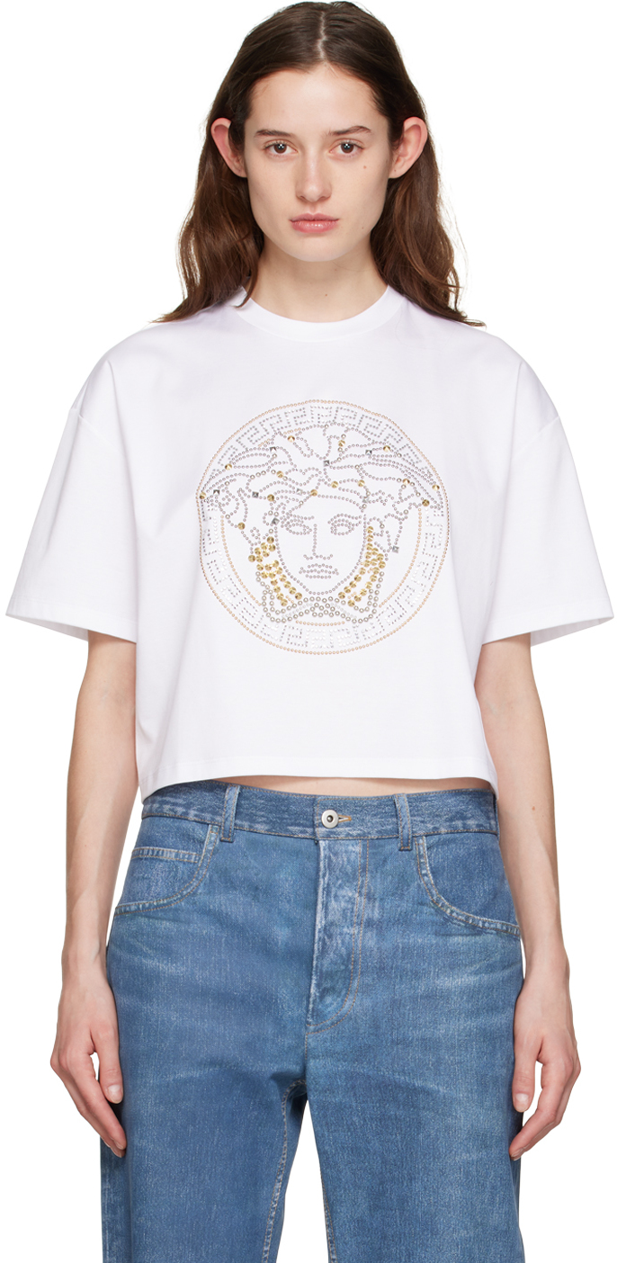 Shop Versace White Studded Medusa T-shirt In 1w000 Optical White