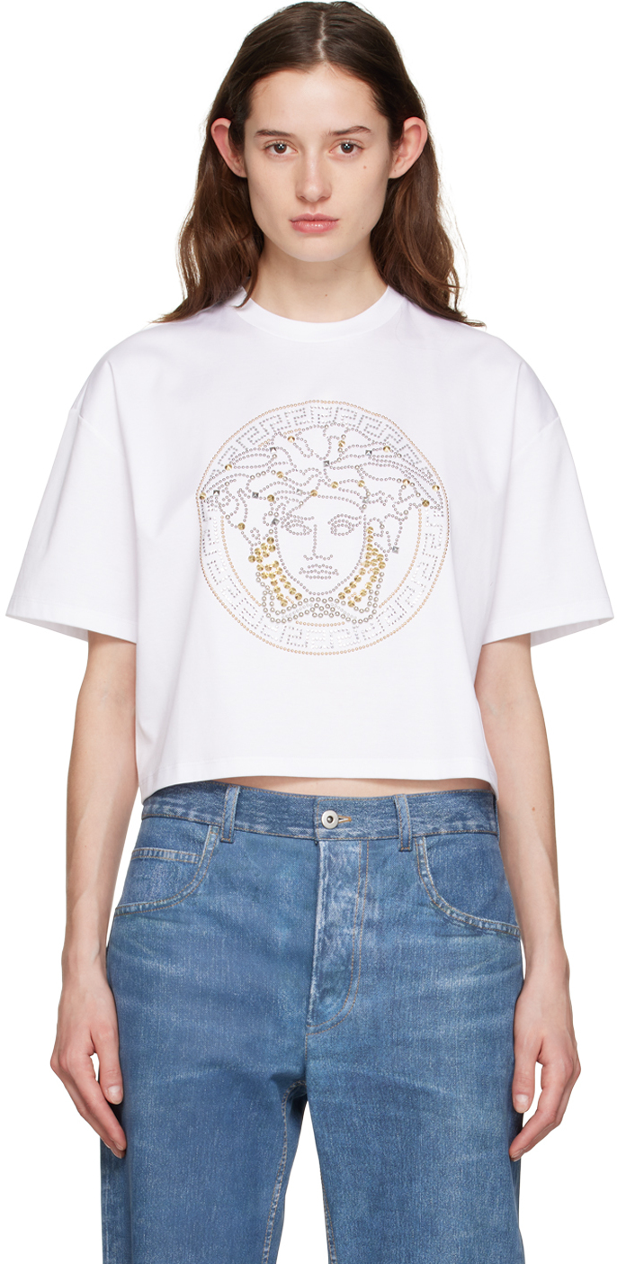 VERSACE WHITE STUDDED MEDUSA T-SHIRT