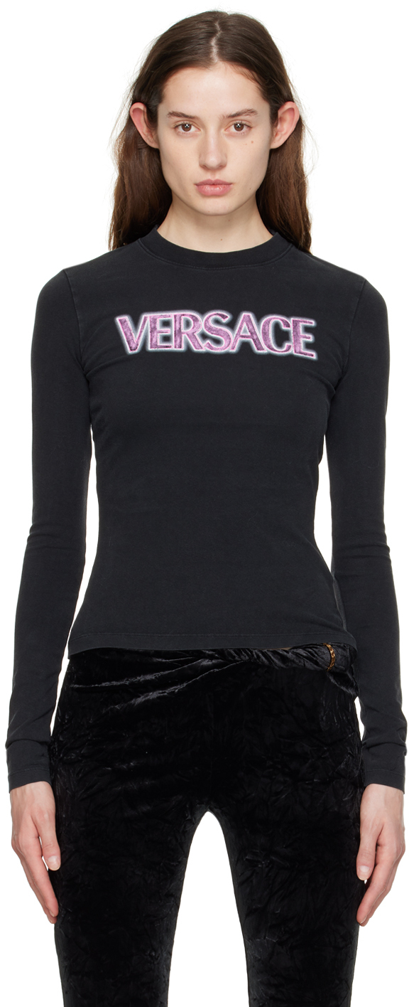 Shop Versace Black Printed Long-sleeve T-shirt In 2b110 Black-fuxia