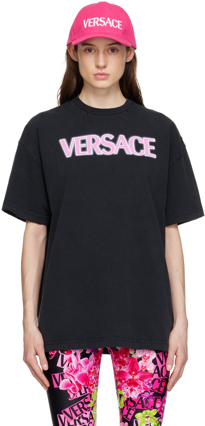 Versace Black Distressed T-shirt In 2b110 Black-fuxia