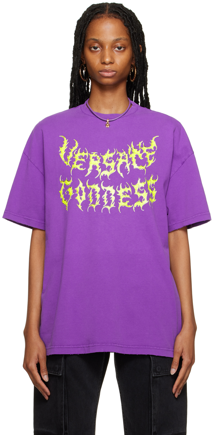 Shop Versace Purple Distressed T-shirt In 1ld60 Bright Dark Or