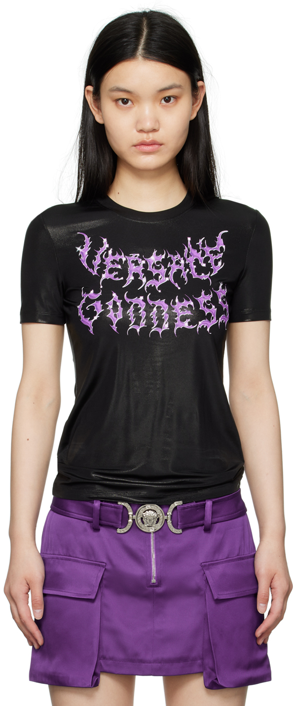 Shop Versace Black ' Goddess' T-shirt In 2bf70 Black+purple