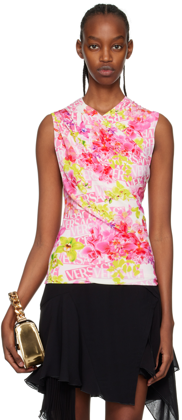 Versace Pink Printed Tank Top In 5w020 White+pink