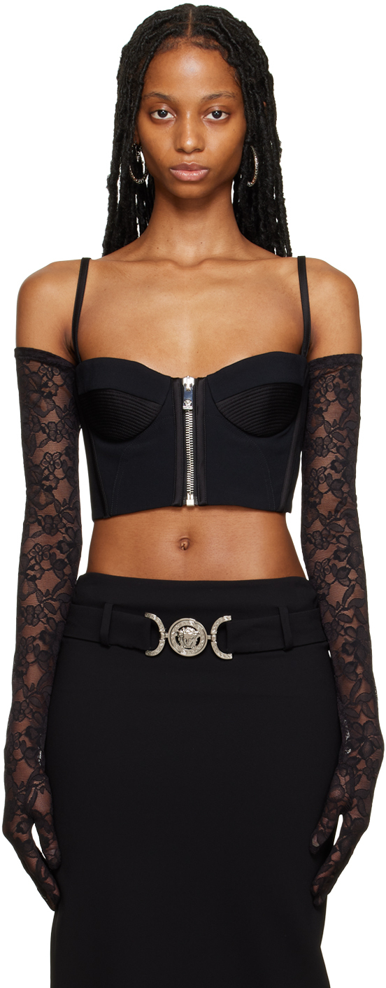 Versace Enver Front Zip Satin Bra Top In Black