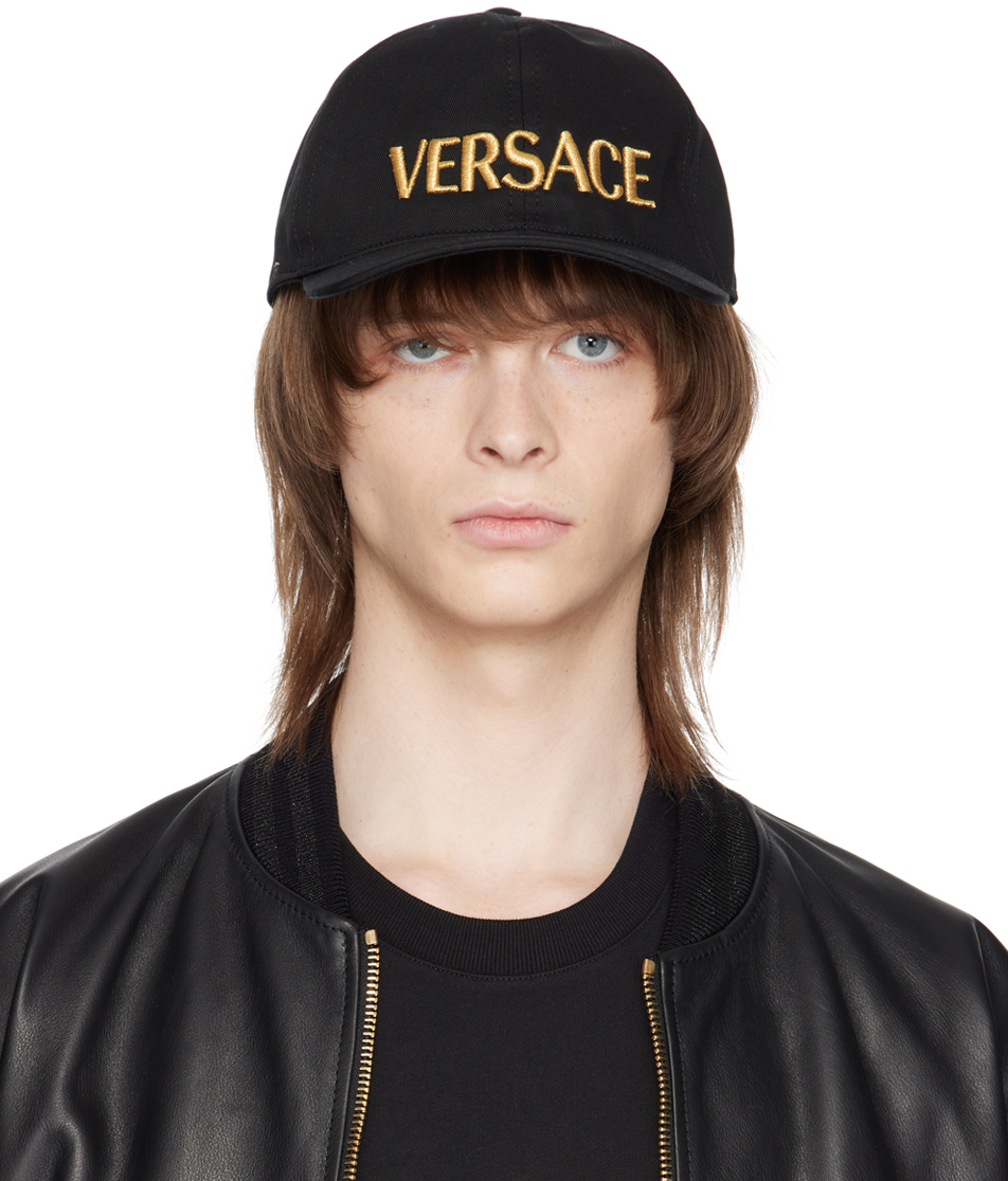 Versace Black Embroidered Logo Cap In 2b150 Black+gold