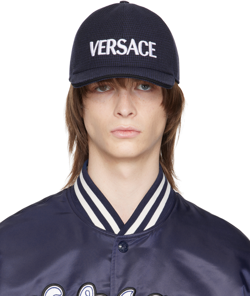 Versace: Black & Navy Houndstooth Cap | SSENSE