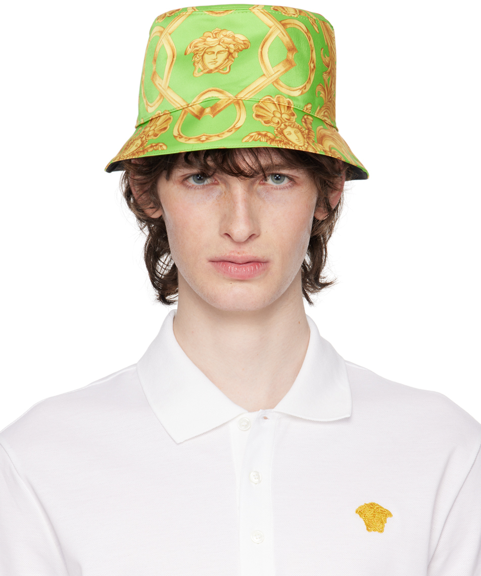 Versace Heritage Print Tech Twill Bucket Hat In Lime,gold