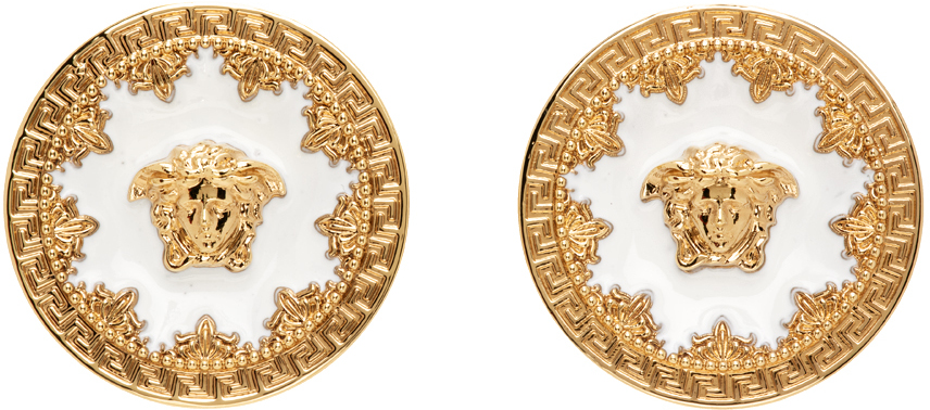 Shop Versace Gold & White Medusa Earrings In 4j040  Gold-w