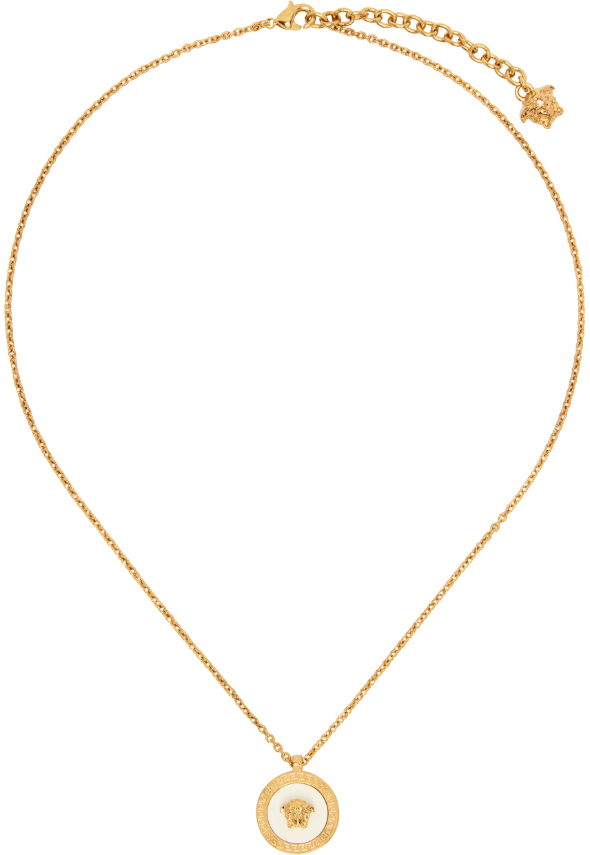 Versace Gold & White Medusa Necklace In 4j620 Tribute Gold-w