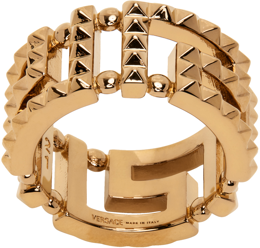 Versace Studded Greek Motif Band Ring In Gold