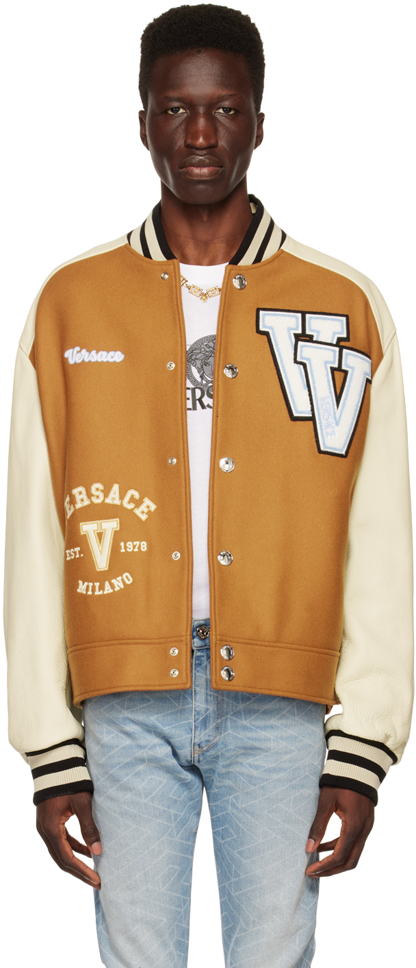 Shop Versace Tan & Off-white Varsity Down Bomber Jacket In 2n540 Toffee+white