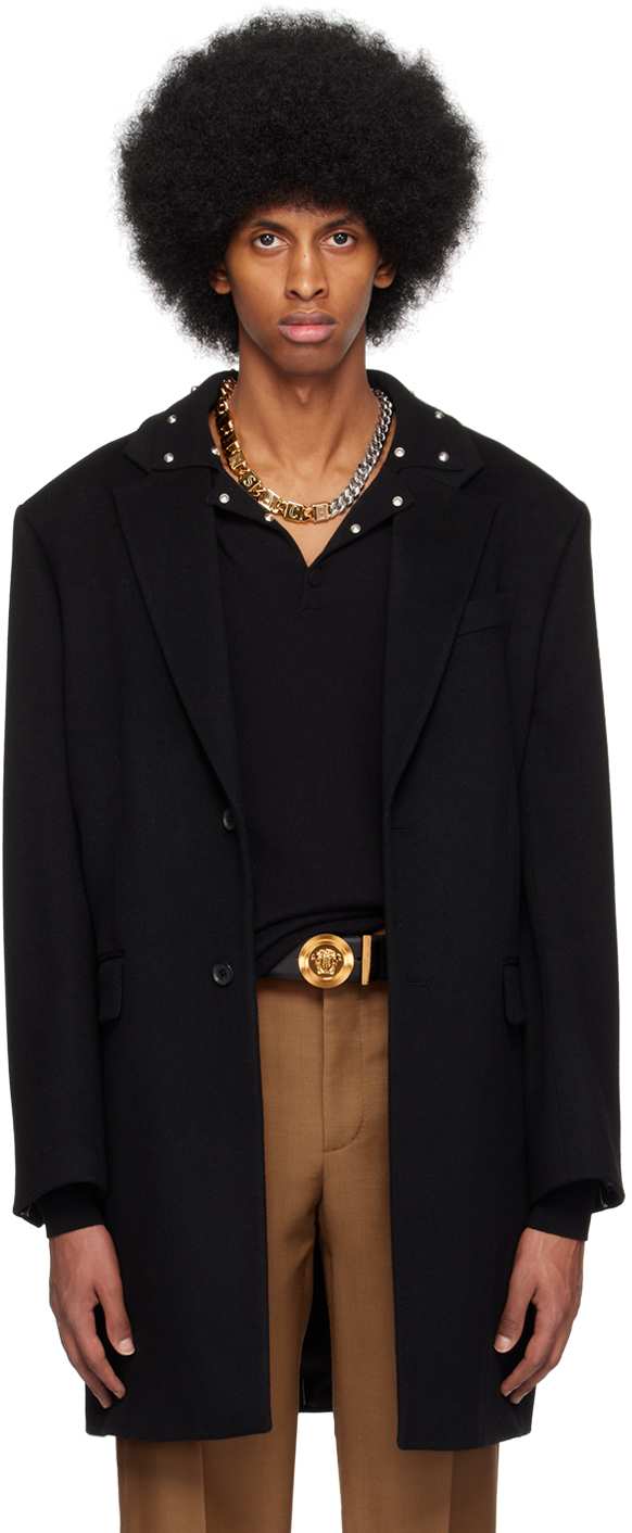 Versace Black Coat In Virgin Wool  Man