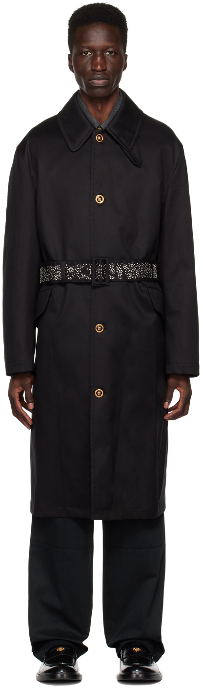 Versace Black Belted Coat In 1b000 Black