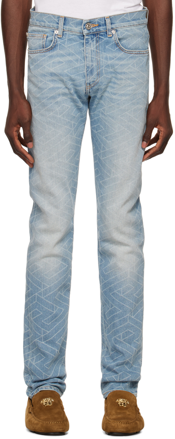 Versace Blue 'la Greca' Jeans In 1d500 Faded Washed B