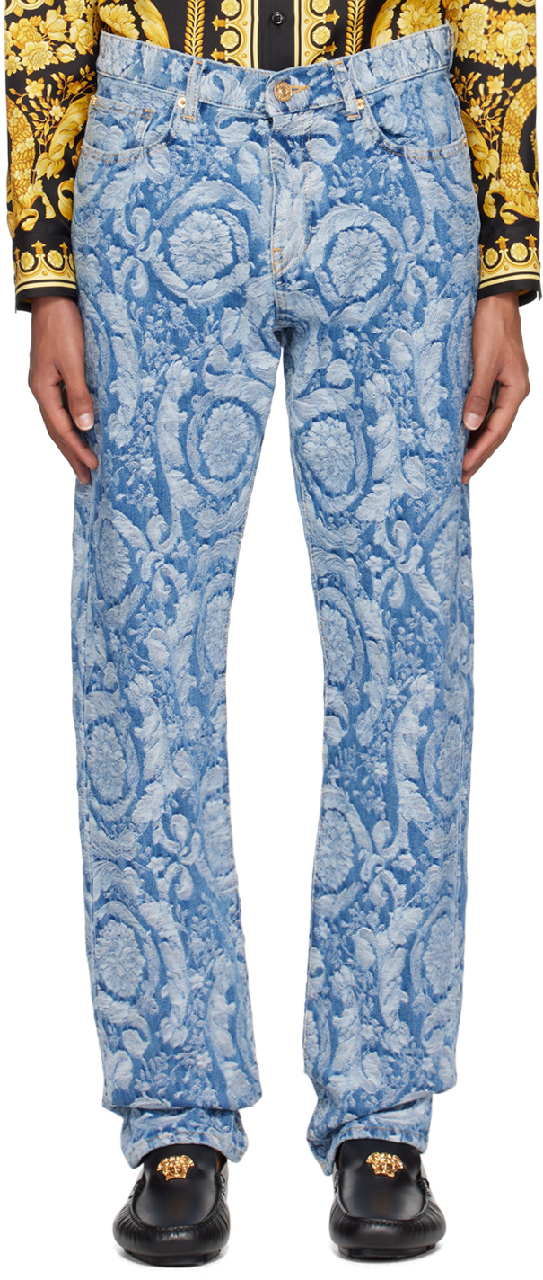 Versace Baroque Jacquard Denim Jeans In Blue