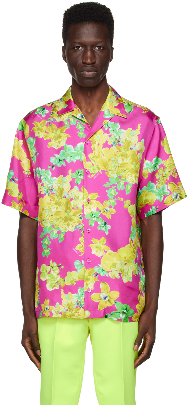 Versace Orchid Print Silk Twill Shirt In Multicolor