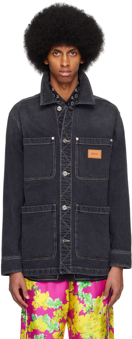Versace Logo Denim Overshirt, Male, Gray, 58 In 1d490 Washed Black