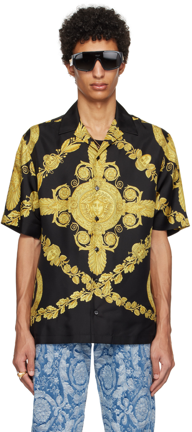 Versace Greca-print Silk Shirt In Black