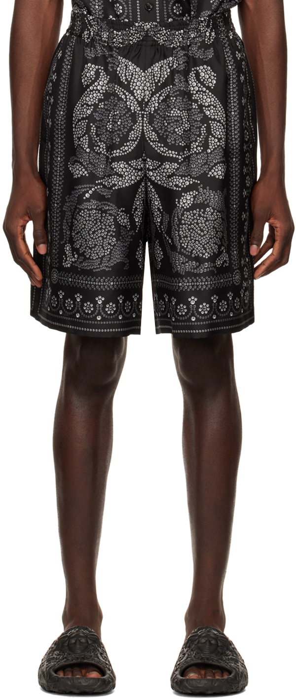 Versace Black Barocco Shorts In 5b950 Black+silver