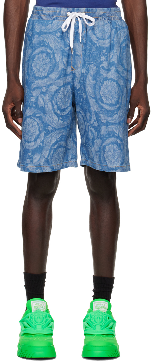 Shop Versace Blue Barocco Denim Shorts In 1d520 Washed Medium