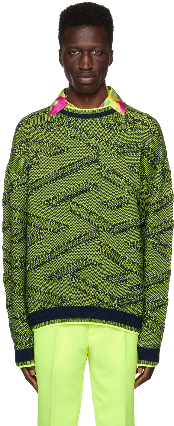 Versace La Greca Knit Sweater, Male, Lime+black, 54 In Black,lime