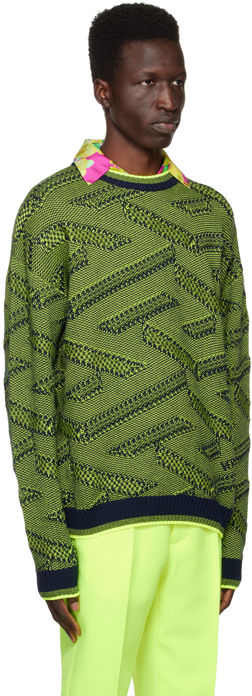 Versace La Greca Knit Sweater, Male, Lime+black, 54 In 2ug20 Navy+lime