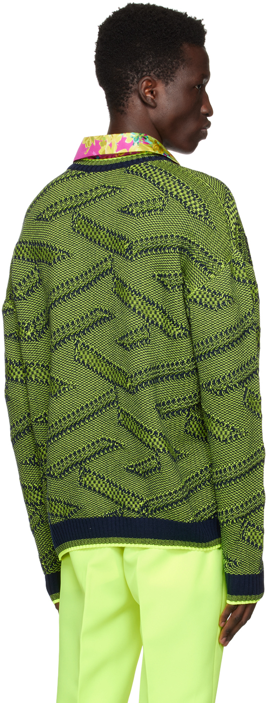 Versace La Greca Knit Sweater, Male, Lime+black, 54 In 2ug20 Navy+lime