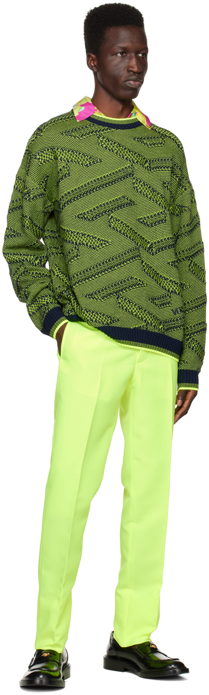 Versace La Greca Knit Sweater, Male, Lime+black, 54 In 2ug20 Navy+lime
