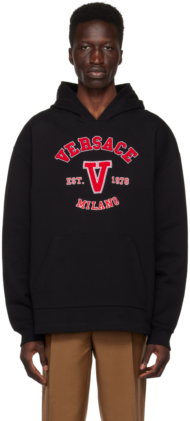 Versace Logo Detailed Long Sleeved Hoodie In Black
