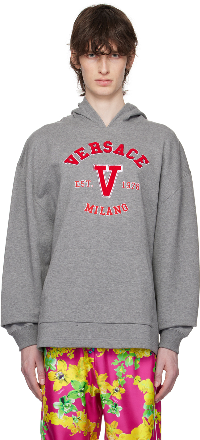 Shop Versace Gray Embroidered Hoodie In 1e+100 Medium Grey