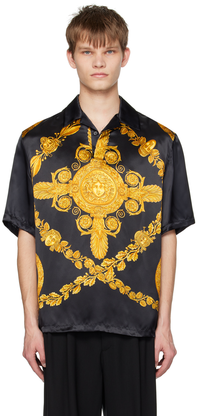 Versace Maschera Baroque Print Silk Shirt In Black,gold,white | ModeSens