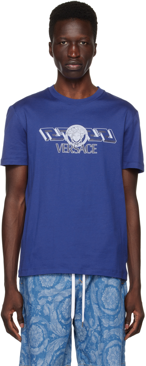 Blue 'La Greca' T-Shirt Versace on Sale