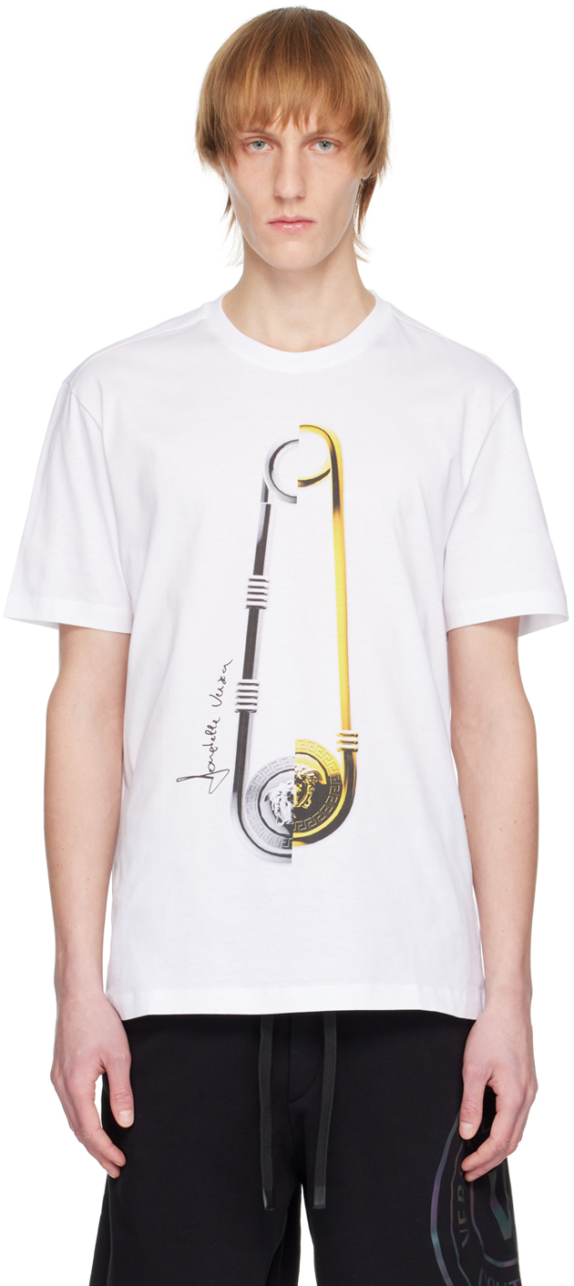 Versace Biggie Coin Safety Pin Cotton Graphic Tee In 2w580 White + Print