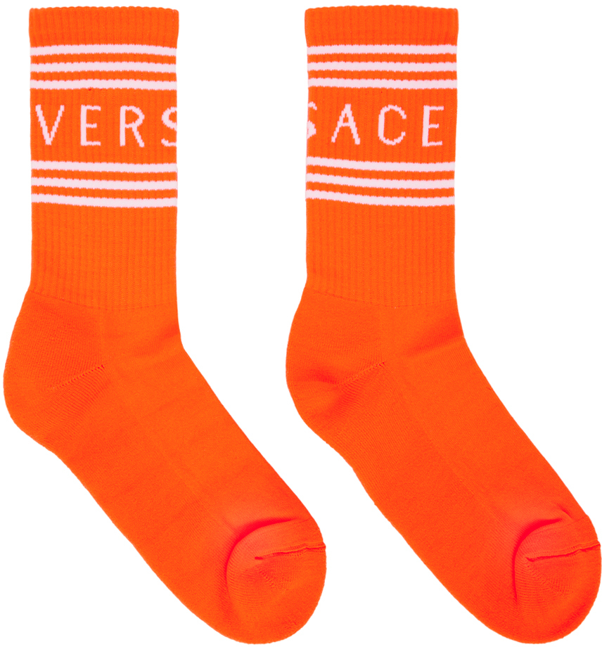 Versace Orange 90s Vintage Logo Socks In 2o400 Fluo Orange+wh