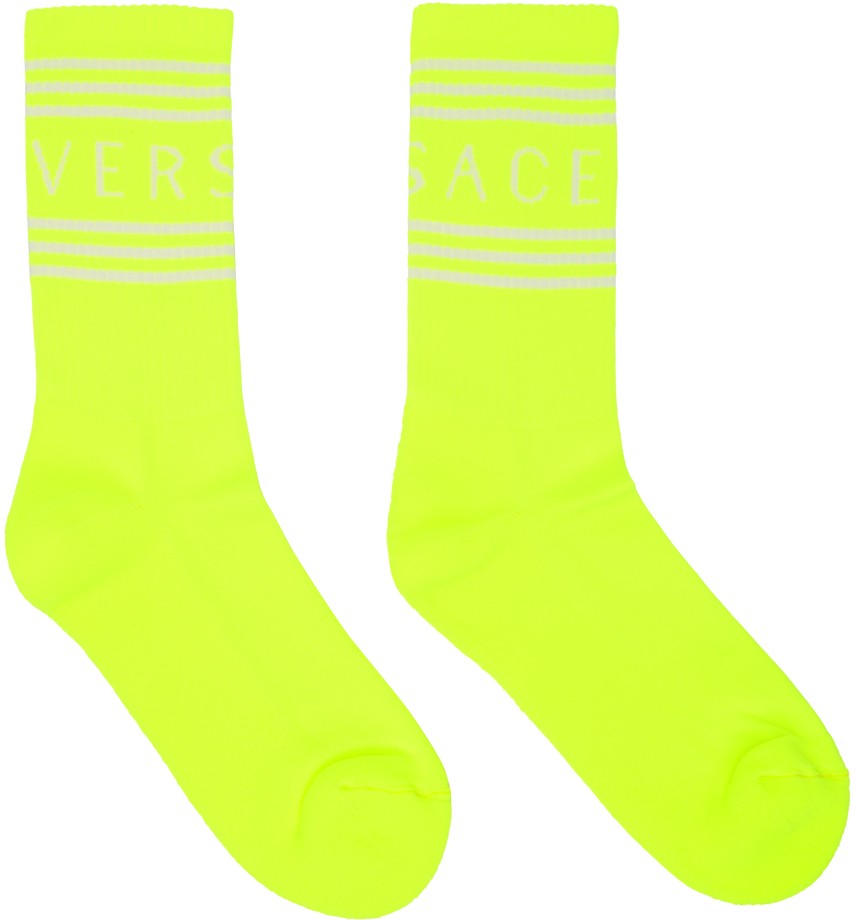 Versace Yellow 90s Vintage Logo Socks In 2y620 Fluo Yellow+wh
