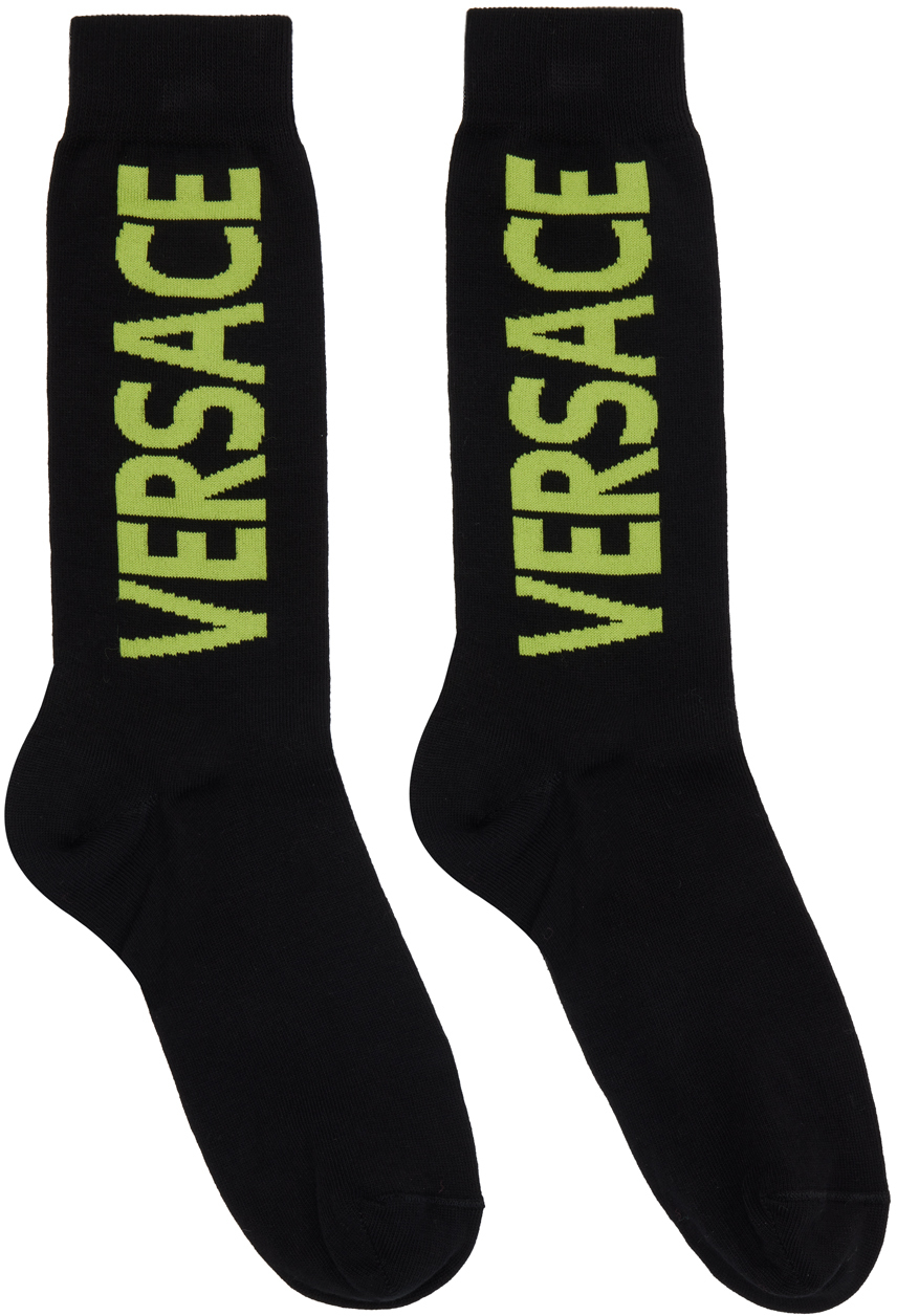 Shop Versace Black Logo Socks In 2bf00 Black+lime Gre