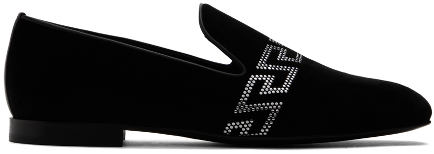 Versace Studded Greca Velvet Loafers In Black