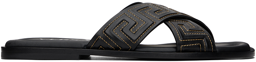 Versace Black Greca Sandals In 2b130 Black+gold