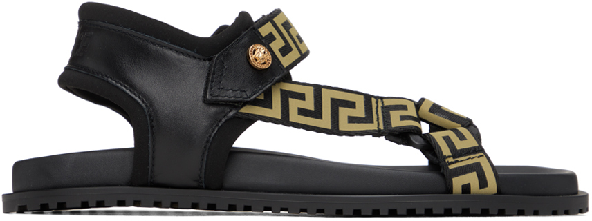 Shop Versace Black Greca Sandals In 2b15v Black+gold-ver